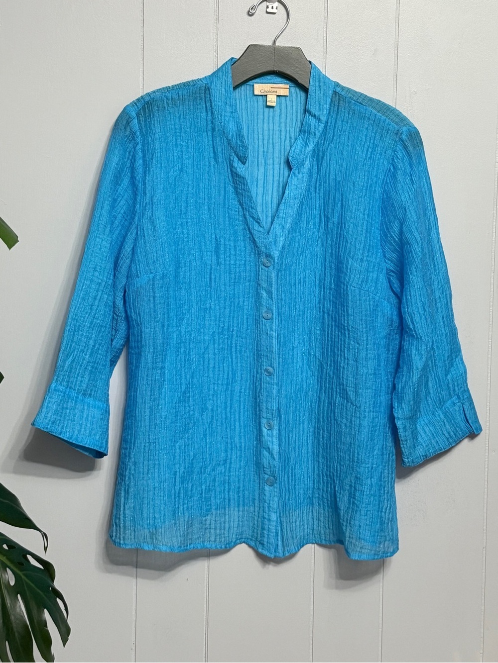 #18) Choices Turquoise Blue Button-Down Crinkled Tunic Shirt